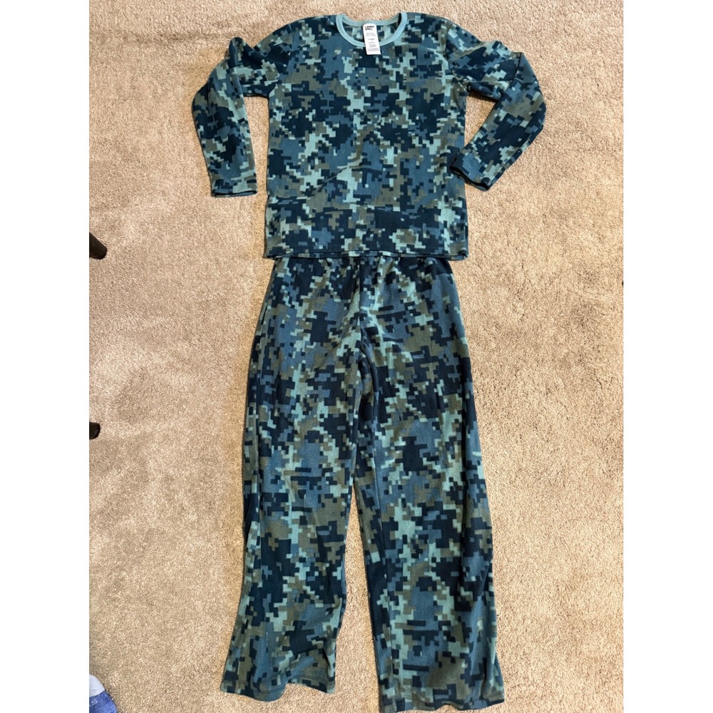 Lands End Boys L 14/16 Blue Digital Camo Fleece Pajama Set Long Sleeve Pants